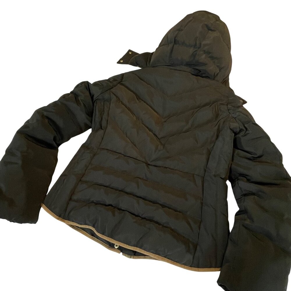 H&M Brown Hooded Women size 6 Down Puffer Jacket With Tan Trim & Zip Pockets - Picture 2 of 12